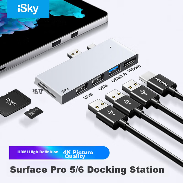 Док-станція-конвертер Isky Microsoft Surface Pro5/6, USB-адаптер для проектора, відеокабель HDMI, концентратор для планшетів та ноутбуків Microsoft, розгалужувач на шість входів та два виходи - Фото 4 Док-станція-конвертер Isky Microsoft Surface Pro5/6, USB-адаптер для проектора, відеокабель HDMI, концентратор для планшетів та ноутбуків Microsoft, розгалужувач на шість входів та два виходи - зображення 4