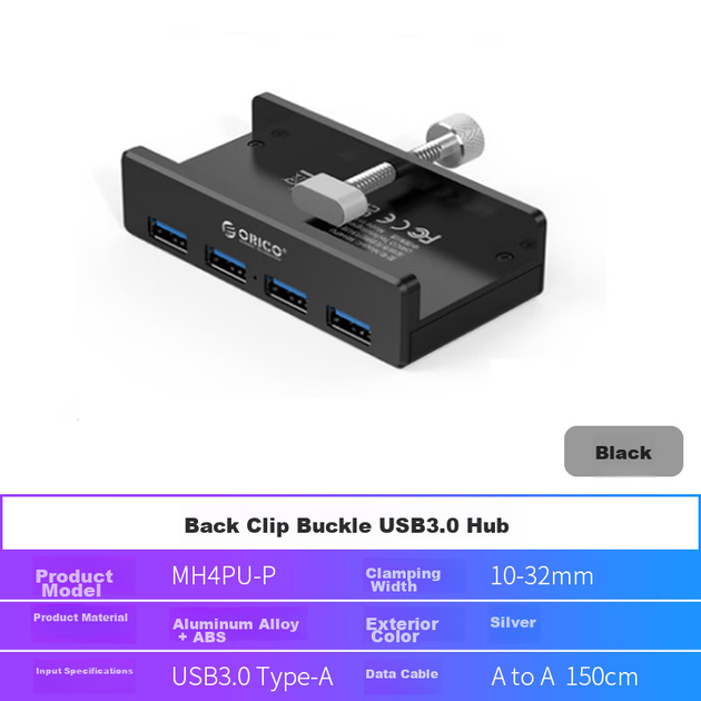 ORICO USB 3.0 Hub Splitter з алюмінієвого сплаву, адаптер-кліпса для MAC, Apple, ноутбуків, настільних комп'ютерів, моніторів, чорного кольору MH4PU - зображення 12