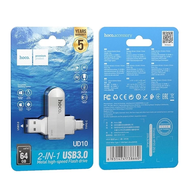 USB-флешка Hoco UD10 64GB USB 3.0 (USB A + USB C) Silver (6931474738660) - зображення 6