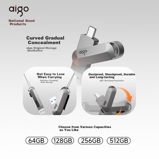 Флеш-накопичувач Aigo U453 128 ГБ типу C USB 3.2 з двома інтерфейсами для телефонів та комп'ютерів, швидкість читання 450 МБ/с, багатофункціональний флеш-накопичувач для бізнесу та офісу - изображение 8