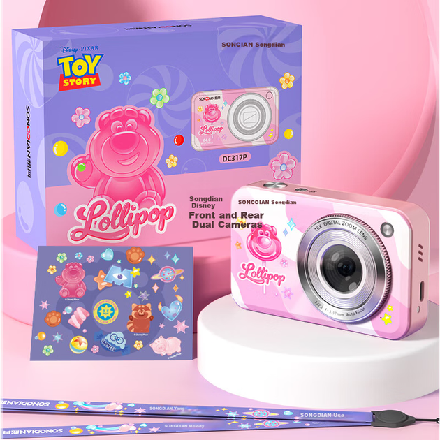 Цифровая фотокамера SONGDIAN Strawberry Bear Collaboration с двумя фронтальной и тыловой HD-камерами, для видеоблогов и селфи, портативная мини-камера с картой памяти 128 ГБ, розовая. - изображение 5