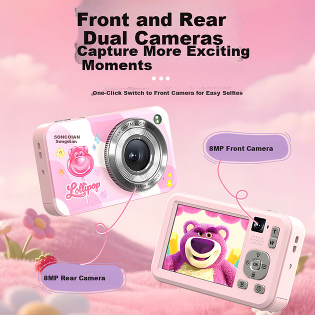 Цифровая фотокамера SONGDIAN Strawberry Bear Collaboration с двумя фронтальной и тыловой HD-камерами, для видеоблогов и селфи, портативная мини-камера с картой памяти 128 ГБ, розовая. - изображение 6