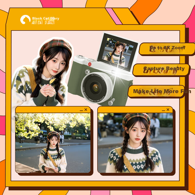 Цифровой фотоаппарат Black Cat Diary DK15 Y02 компактный с откидным экраном и картой 64 ГБ, черный - изображение 3
