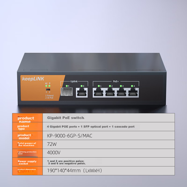 Гигабитный коммутатор KeepLINK KP-9000, 6 портов PoE, неуправляемый, для мониторинга, 72 Вт на порт - изображение 2