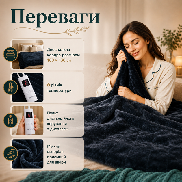 Електроковдра з підігрівом Ruhhy 26202 двоспальна 180х130 см з пультом дистанційного керування 6 режимами нагріву захистом від перегріву таймером для дому - зображення 3