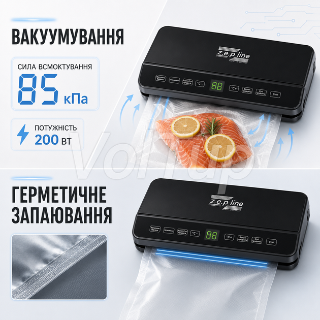 Вакуумный упаковщик ZEPLINE ZP-00373 200 Вт с LED-подсветкой и рулоном пакетов, вакууматор для сухих и влажных продуктов - изображение 3