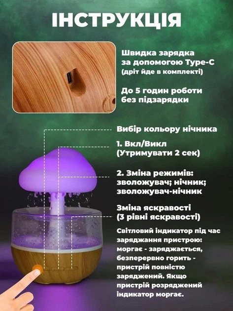 Увлажнитель воздуха ультразвуковой RGB с эффектом дождя ночник аромадиффузор USB Type-C 300 мл настольный мини увлажнитель для дома спальни детской офиса с подсветкой - Фото 9 Увлажнитель воздуха ультразвуковой RGB с эффектом дождя ночник аромадиффузор USB Type-C 300 мл настольный мини увлажнитель для дома спальни детской офиса с подсветкой - изображение 9