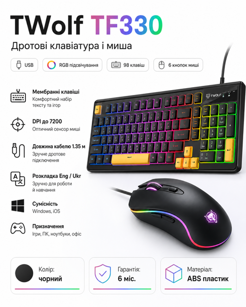 Дротові клавіатура і миша TWolf TF330 (колір чорний) - Фото 1 Дротові клавіатура і миша TWolf TF330 (колір чорний) - изображение 1