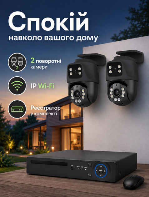 Комплект відеоспостереження IP Wi‑Fi для відеонагляду з 2 поворотними вуличними камерами з подвійними об'єктивами 8 Мп і NVR з 4 PoE портами нічне бачення до 25 м - зображення 6