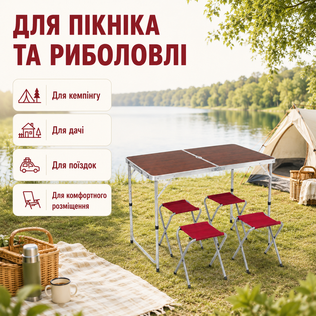 Стол туристический складной Folding Table бордовый 120x60x70 см с 4 стульями - Фото 4 Стол туристический складной Folding Table бордовый 120x60x70 см с 4 стульями - изображение 4