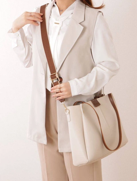 Жіноча вмістка сумка шопер з довгим ремінцем молочний колір - Фото 5 Жіноча вмістка сумка шопер з довгим ремінцем молочний колір - изображение 5