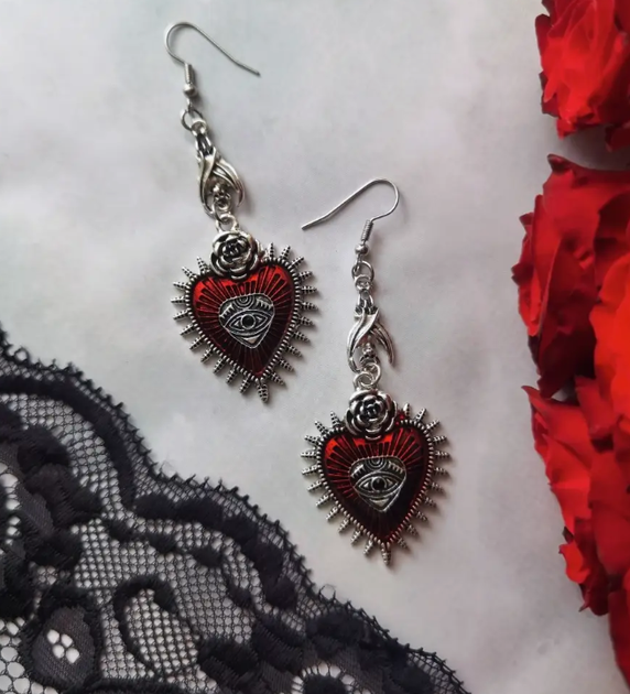 Сережки Fashion Jewerly винтажные красное сердце летучая мишь серебристые (SVS) - изображение 3