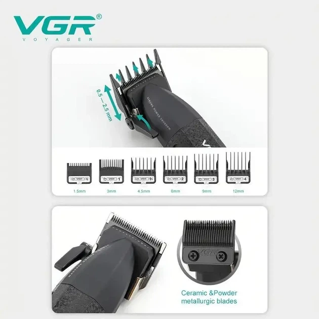 Акумуляторна машинка для стрижки VGR V-640C BLACK, 6 насадок, LED дисплей, 9000RPM - изображение 6