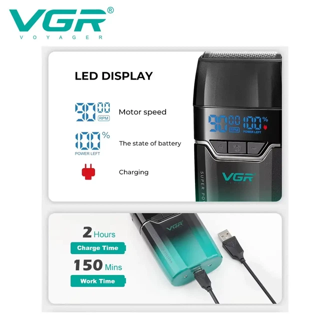 Електробритва VGR V-308 Green шейвер подвійне лезо 9000 RPM LED Display - изображение 4