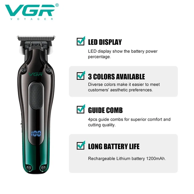 Триммер VGR V-998 GREEN, 4 насадки, LED display - изображение 4