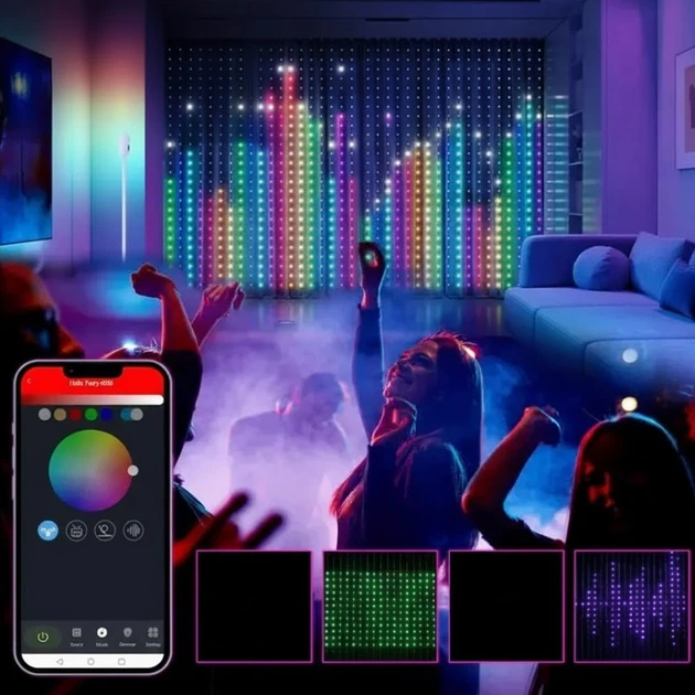 Светодиодная гирлянда Штора на окно 3х2м 400LED Многоцветная RGB с Bluetooth управлением и пультом ДУ для праздничного декора интерьера - изображение 2