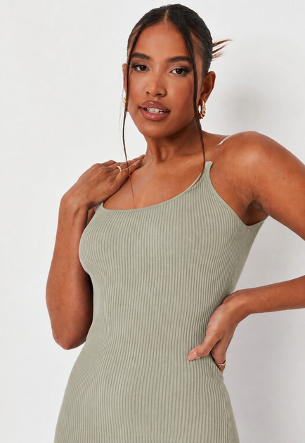 Платье женское Missguided трикотажное мини в рубчик на прозрачных бретелях оливковое Sage размер XL - Фото 4 Платье женское Missguided трикотажное мини в рубчик на прозрачных бретелях оливковое Sage размер XL - изображение 4