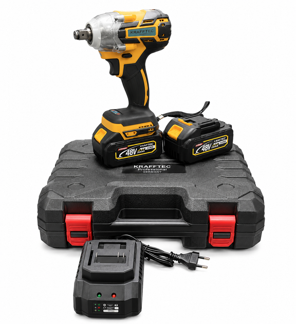 Аккумуляторный ударный гайковёрт Krafftec DTW 1000Hm 48V 8Ah, бесщёточный, 2 АКБ, набор инструментов - изображение 2