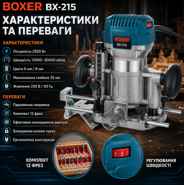 Ручной электрический фрезер BOXER BX215 2500 Вт с цангами 6 8 мм регулировкой оборотов 13000 30000 об/мин для фрезерования древесины МДФ - Фото 2 Ручной электрический фрезер BOXER BX215 2500 Вт с цангами 6 8 мм регулировкой оборотов 13000 30000 об/мин для фрезерования древесины МДФ - изображение 2
