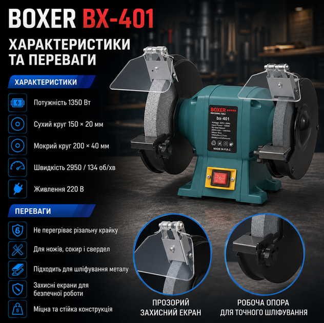 Настольный точильный станок Boxer BX401 1350 Вт 2950 об мин два круга для заточки ножей сверл стамесок топор и ручного инструмента - изображение 2