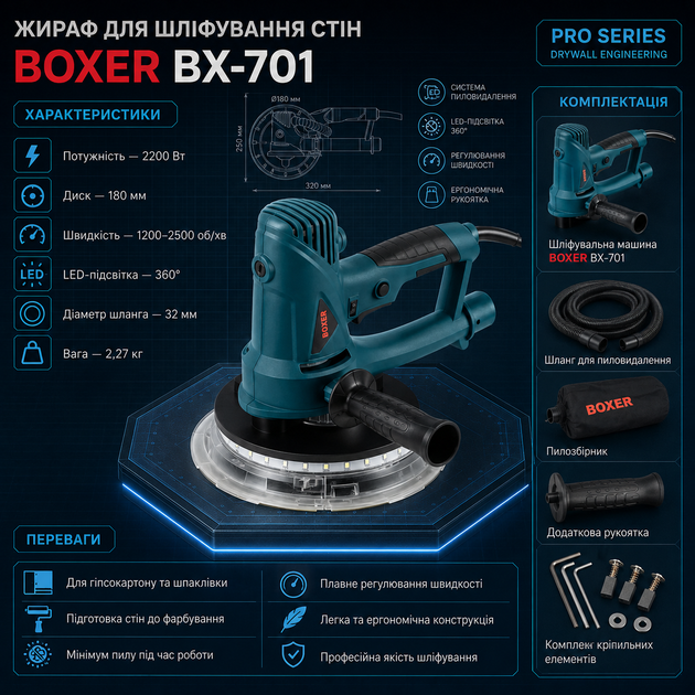 Шлифовальная машина для стен и потолков Boxer BX 701 2200 Вт 180 мм жираф с регулировкой скорости и LED подсветкой - изображение 2