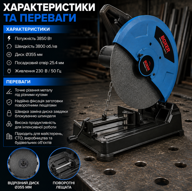 Відрізна пила по металу Boxer DX3237 3850 Вт 355 мм монтажний верстат 3800 об хв з лещатами і регулюванням кута - зображення 2