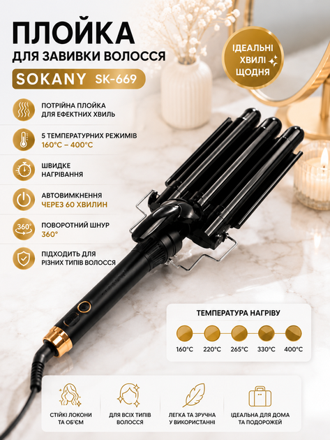 Плойка для волосся Sokany SK-669 3 хвилі/ Стайлер для завивання волосся/Плойка для волосся керамічна, 5 температурних режимів - Фото 1 Плойка для волосся Sokany SK-669 3 хвилі/ Стайлер для завивання волосся/Плойка для волосся керамічна, 5 температурних режимів - зображення 1