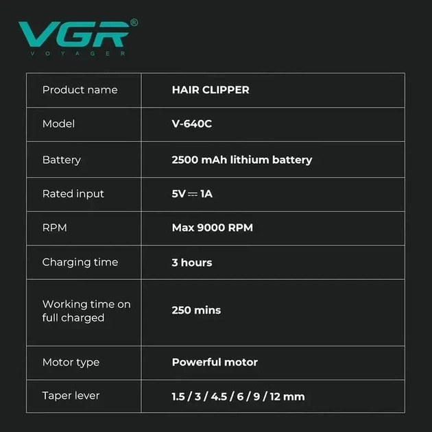 Акумуляторна машинка для стрижки VGR V-640C BLACK, 6 насадок, LED дисплей, 9000RPM - изображение 2