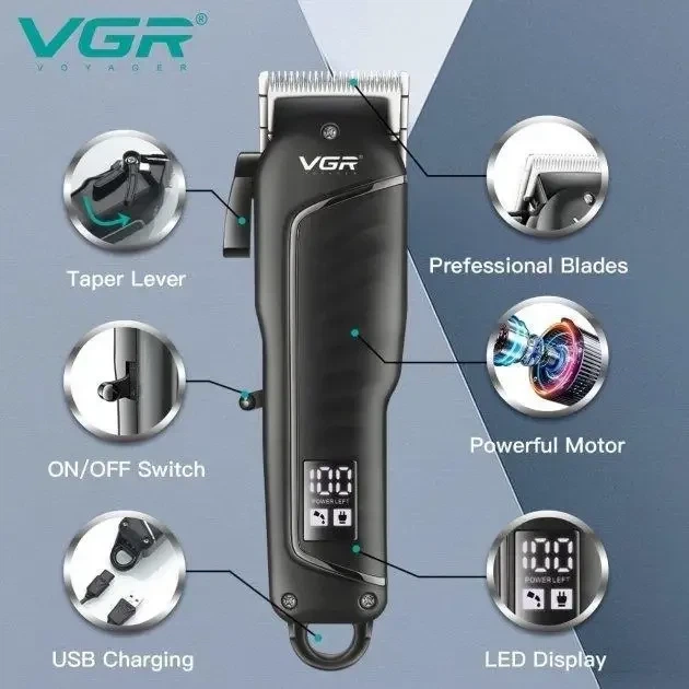 Машинка для стрижки волос VGR V-683 LED-дисплей аккумуляторная 4 насадки 10W Black - изображение 10