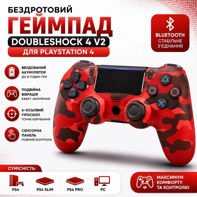 Игровой пульт RE PlayStation 4 Doubleshock 4 V2, беспроводной Bluetooth геймпад для PS4 красный камуфляж - Фото 1 Игровой пульт RE PlayStation 4 Doubleshock 4 V2, беспроводной Bluetooth геймпад для PS4 красный камуфляж - изображение 1