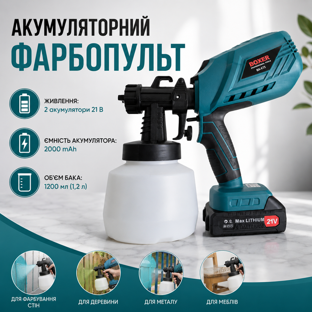 Акумуляторний фарбопульт BOXER BX-213 з двома акумуляторами 21В для фарби лаку емалі ґрунтовки з баком 1200 мл чотирма соплами трьома режимами розпилення - зображення 2