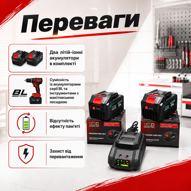 Комплект аккумуляторов 52V 8Ah Li-Ion с зарядным устройством две батареи с индикатором для аккумуляторного электроинструмента серии BL с защитой от перегрузки - изображение 3