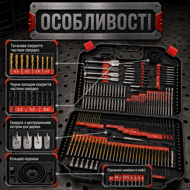 Набор сверл бит и коронок Kipo M246 на 246 предметов в кейсе для дерева металла пластика кирпича и камня - изображение 4