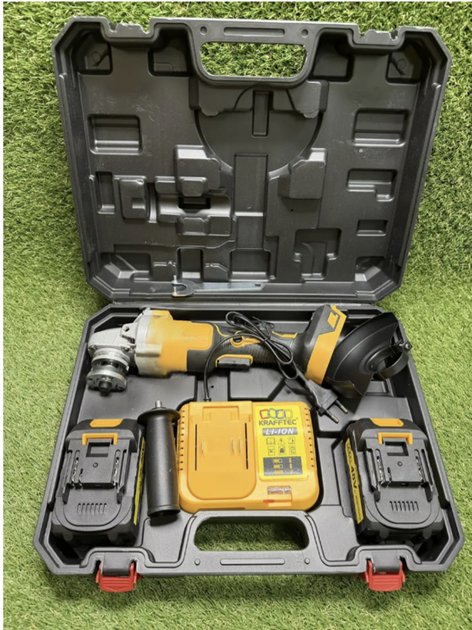 Кутова акумуляторна шліфувальна машина Krafftec DCG 413 безщіткова болгарка 125 мм з двома акумуляторами 48 В 6 А·год регулюванням обертів плавним пуском зарядним пристроєм і кейсом - зображення 5