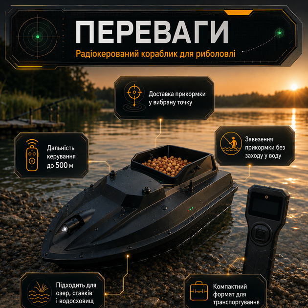 Радиоуправляемый кораблик для завоза прикормки до 500 м с пультом управления, бункером и навигационными огнями - изображение 5