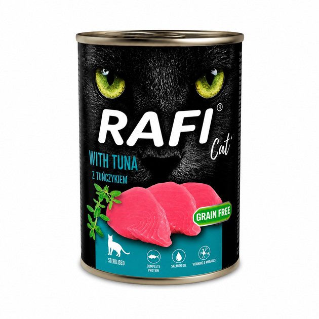 Влажный корм для стерилизованных кошек Dolina Noteci Rafi Cat Sterilized с тунцем Grain Free, 400 г - Фото 1 Влажный корм для стерилизованных кошек Dolina Noteci Rafi Cat Sterilized с тунцем Grain Free, 400 г - изображение 1