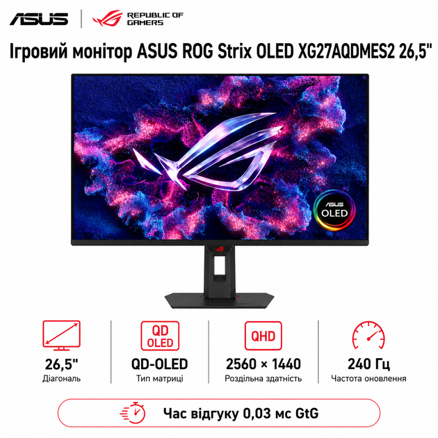 Монитор игровой 26.5" Asus ROG Strix OLED XG27AQDMESZ 2560x1440 240 Гц 400 кд/м² Black (90LM0C80-B03171) - Фото 1 Монитор игровой 26.5" Asus ROG Strix OLED XG27AQDMESZ 2560x1440 240 Гц 400 кд/м² Black (90LM0C80-B03171) - изображение 1