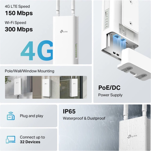 4G маршрутизатор TP-Link TL-MR100-Outdoor Wi-Fi 4 N300 2.4 GHz 1xFE PoE Nano SIM 2 антенны IP66 White - Фото 6 4G маршрутизатор TP-Link TL-MR100-Outdoor Wi-Fi 4 N300 2.4 GHz 1xFE PoE Nano SIM 2 антенны IP66 White - изображение 6