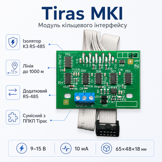 Модуль кольцевого интерфейса Tiras МКІ 9–15 В реализация дополнительного интерфейса RS-485 - Фото 1 Модуль кольцевого интерфейса Tiras МКІ 9–15 В реализация дополнительного интерфейса RS-485 - изображение 1
