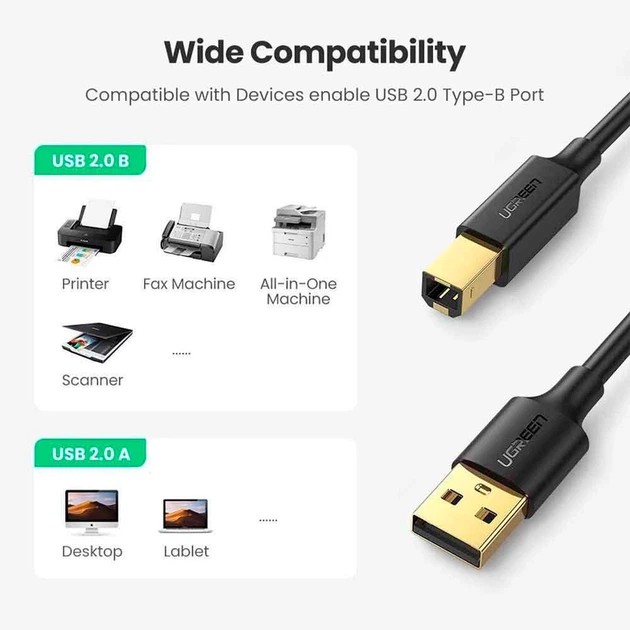 Кабель UGREEN US135 USB 2.0 AM to BM Print Cable 1m (Black) - изображение 5