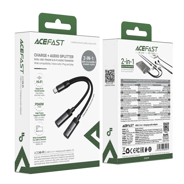 Аудіокабель ACEFAST J14 USB-C 2-in-1 charging audio adapter Black - Фото 2 Аудіокабель ACEFAST J14 USB-C 2-in-1 charging audio adapter Black - изображение 2