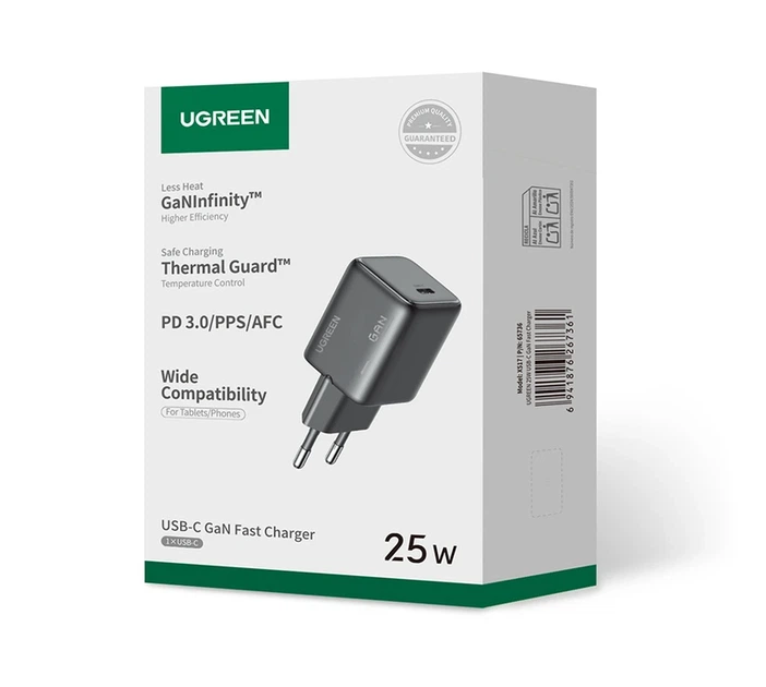 Мережевий зарядний пристрій з кабелем UGREEN X517 25W USB-C GaN Fast Charger Set EU+1M CC Cable black - Фото 2 Мережевий зарядний пристрій з кабелем UGREEN X517 25W USB-C GaN Fast Charger Set EU+1M CC Cable black - изображение 2