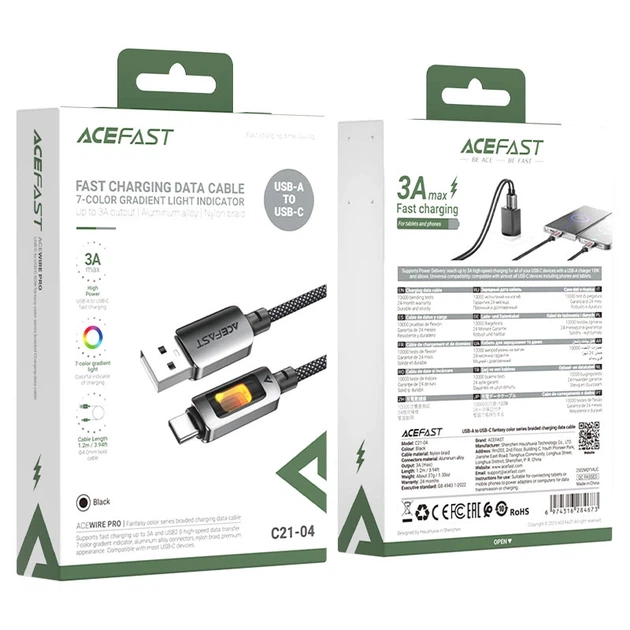 Кабель ACEFAST C21-04 USB-A to USB-C fantasy color series braided Charging data cable Black - Фото 2 Кабель ACEFAST C21-04 USB-A to USB-C fantasy color series braided Charging data cable Black - изображение 2