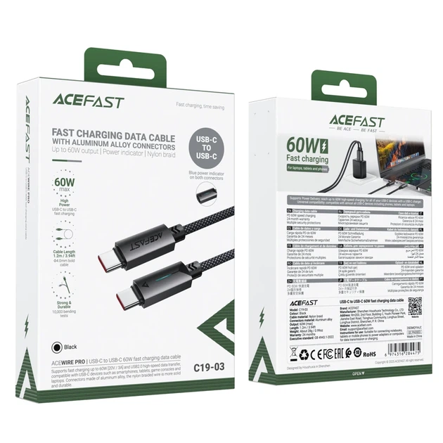 Кабель ACEFAST C19-03, Type-C to Type-C, 60W, 1.2m, Nylon Braid, Aluminum Alloy connectors, Black - Фото 2 Кабель ACEFAST C19-03, Type-C to Type-C, 60W, 1.2m, Nylon Braid, Aluminum Alloy connectors, Black - изображение 2