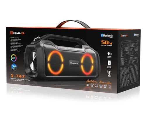 Колонка портативна 2.0 REAL-EL X-747 Black, 2 x 25 Вт, пластиковий корпус, Bluetooth, MicroSD / USB, IPX5, живлення від акумулятора, 2x3600мА * год, керування зверху - изображение 5