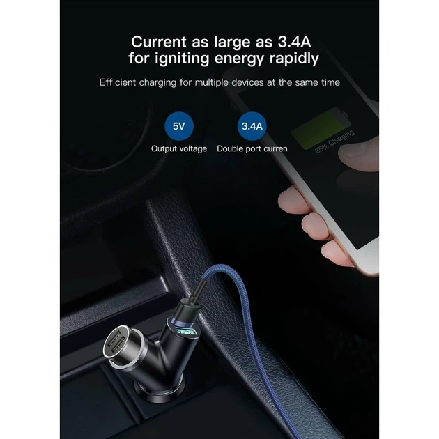 Автомобільний зарядний пристрій Baseus Y-Type Dual USB + розгалужувач прикурювача 3.1 A Чорний/АЗП розгалужувач у машину - Фото 4 Автомобільний зарядний пристрій Baseus Y-Type Dual USB + розгалужувач прикурювача 3.1 A Чорний/АЗП розгалужувач у машину - зображення 4