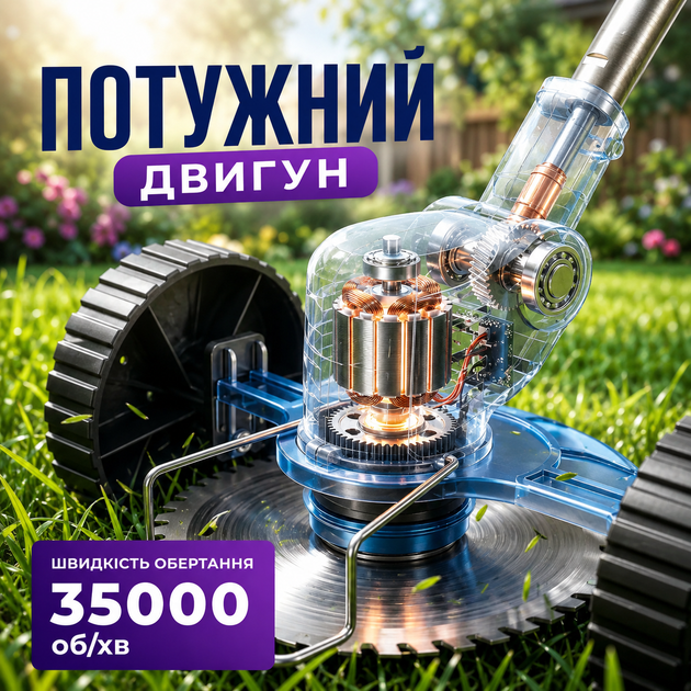 Триммер аккумуляторный со съемными колесами для газона травы и кустов беспроводная газонокосилка триммер с 2 аккумуляторами набором ножей и пильным диском садовая косилка с регулируемой телескопической штангой - изображение 2