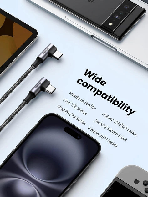 Кабель USB-C to USB-C Ugreen 100 Вт 90 градусів, 51 см для iPhone, MacBook Pro, iPad, Samsung Galaxy, Z Fold, Google Pixel,Switch - Фото 6 Кабель USB-C to USB-C Ugreen 100 Вт 90 градусів, 51 см для iPhone, MacBook Pro, iPad, Samsung Galaxy, Z Fold, Google Pixel,Switch - зображення 6