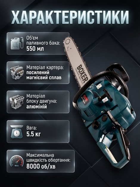 Бензопила 5,9 кВт BOXER BX-102 цепная 52 см³ шина 45 см бензиновая пила 8000 об мин двухтактная для дерева дров сада леса строительства заготовки - Фото 3 Бензопила 5,9 кВт BOXER BX-102 цепная 52 см³ шина 45 см бензиновая пила 8000 об мин двухтактная для дерева дров сада леса строительства заготовки - изображение 3