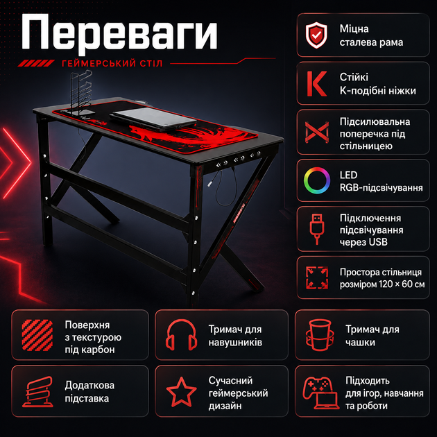 Геймерський комп’ютерний стіл з LED-підсвічуванням і тримачами для навушників та чашки - зображення 2